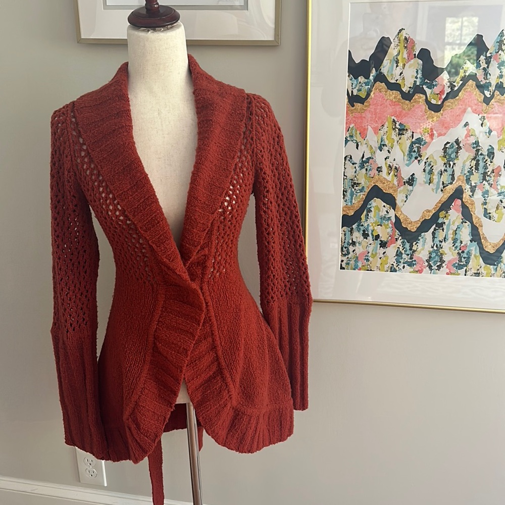 Anthropologie Moth Crochet Belted wide collar cardigan